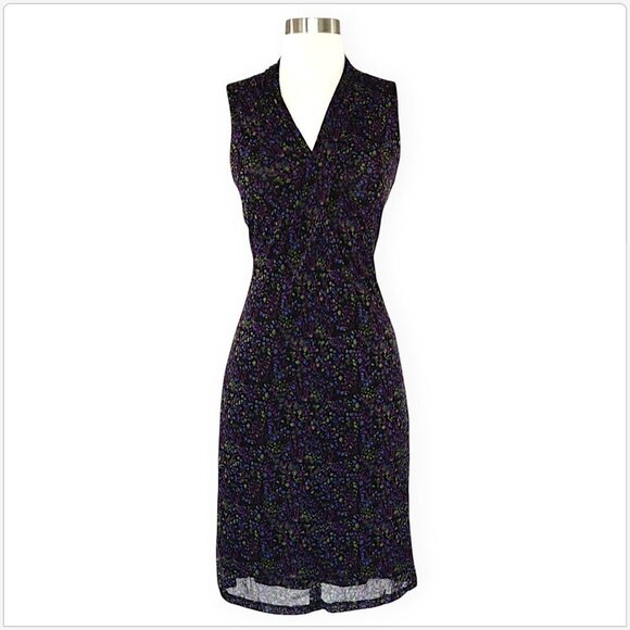 Kenneth Cole Reaction Black Purple Print Stretch Mesh Sleeveless Sheath Dress XS - Picture 1 of 4